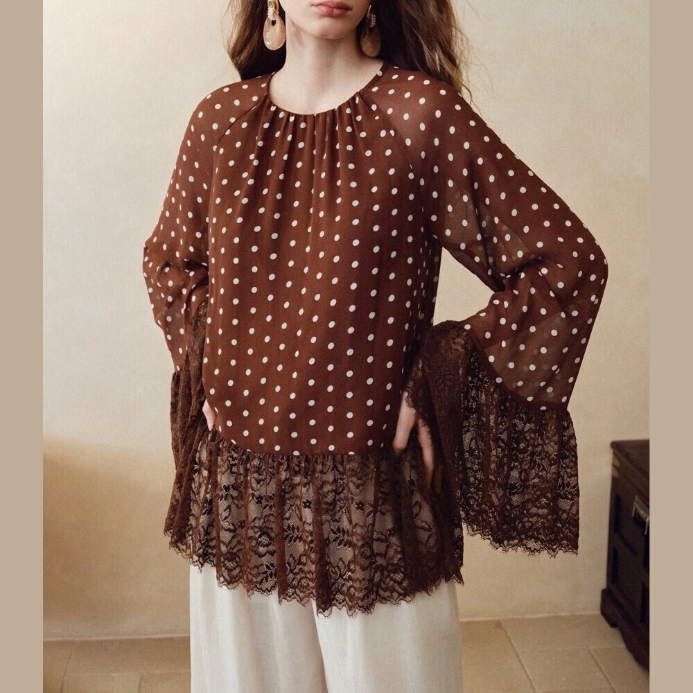 Brown Polka Dot Sheer Chiffon Lace Trim Bell Sleeve Blouse